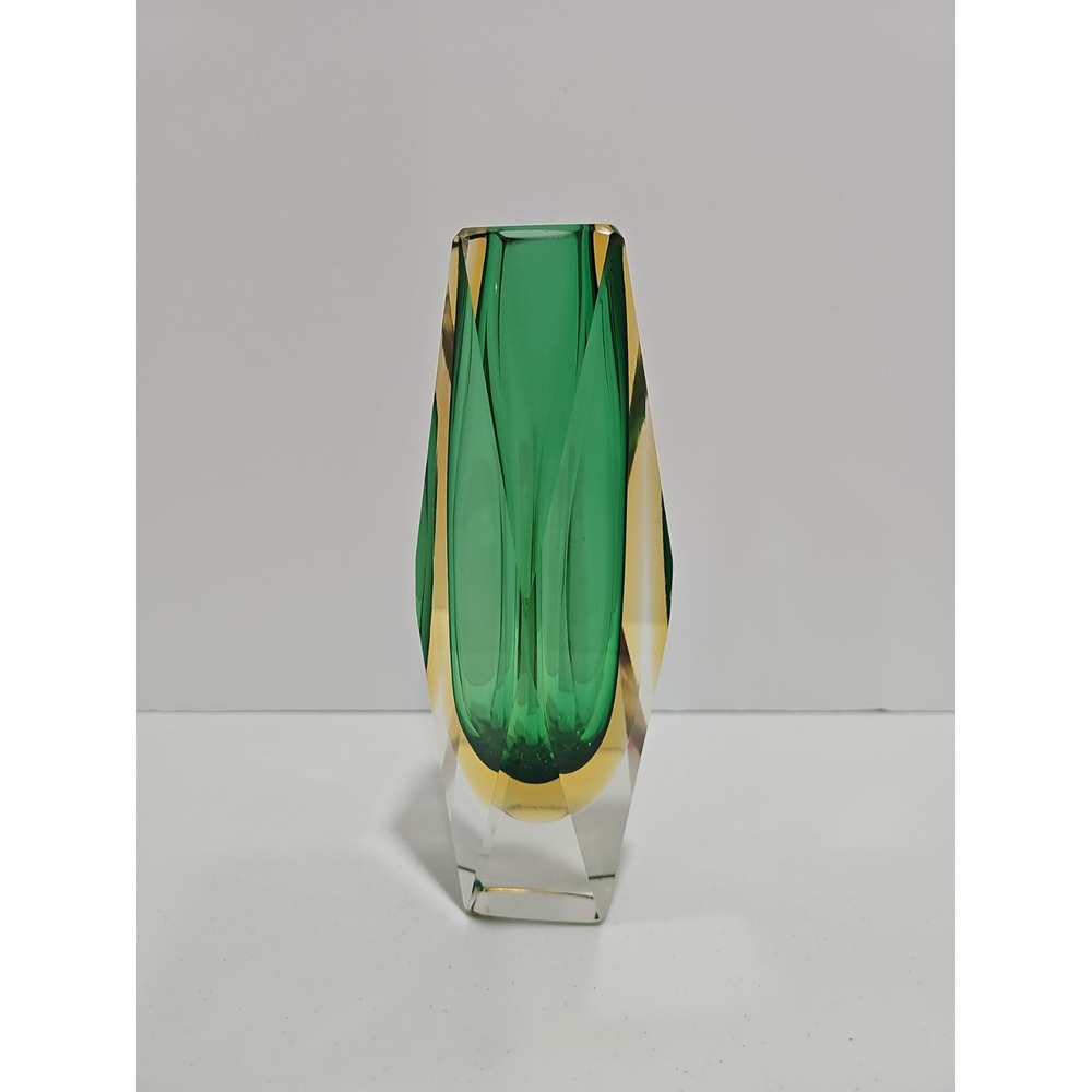 Vintage Murano Sommerso Faceted Art Olive Green Glass Vase 8" Tall - Picture 1 of 10